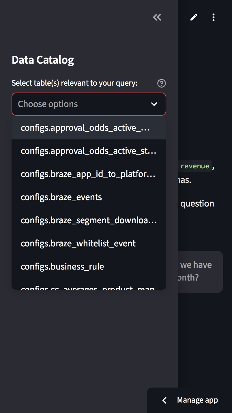 Selecting Redshift table from multiselect dropdown.
