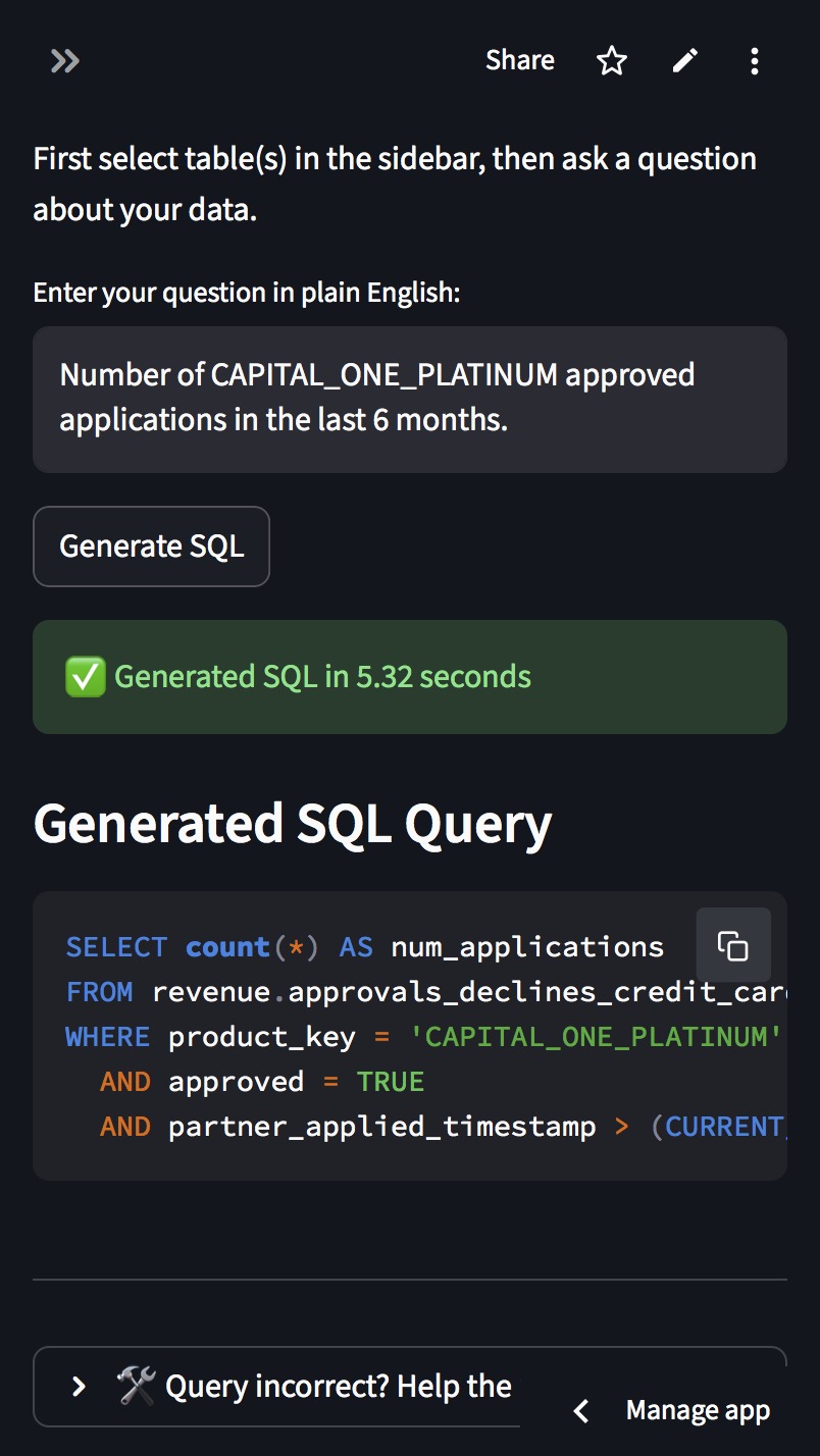 Results showing generated query and execution time in seconds.
